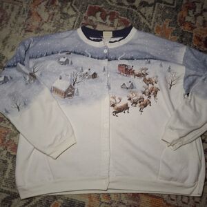 Holiday White & Light Blue Women’s Cardigan with Reindeer Sleigh